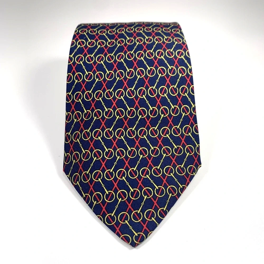 Hermes Paris Mens Tie Navy with Red Stripes & Equestrian Chains 7457 Silk‎ EUC
